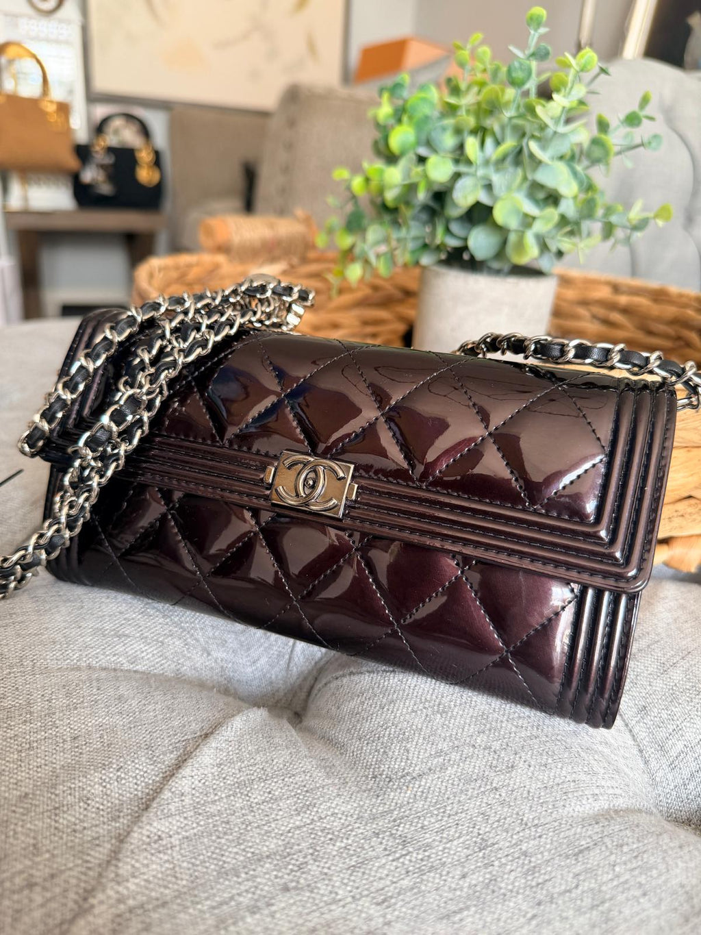 Chanel Boy Wallet Burgundy Patent Leather Silver Hardware