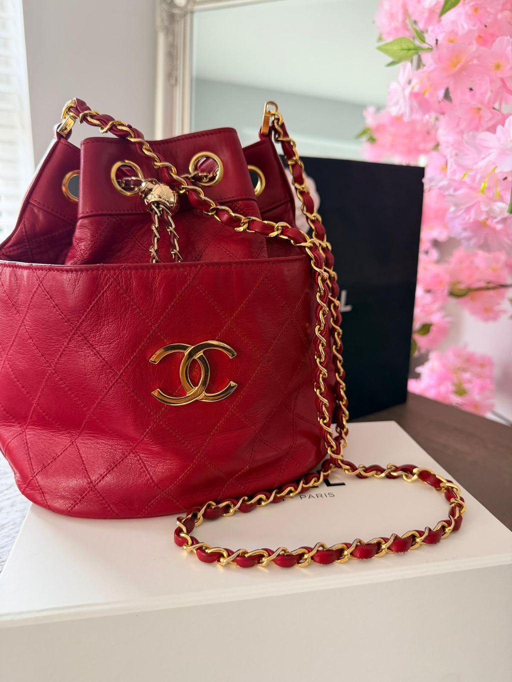Chanel Vintage Bucket Bag Red Lambskin 24K Gold-Plated Hardware (1986–1988)