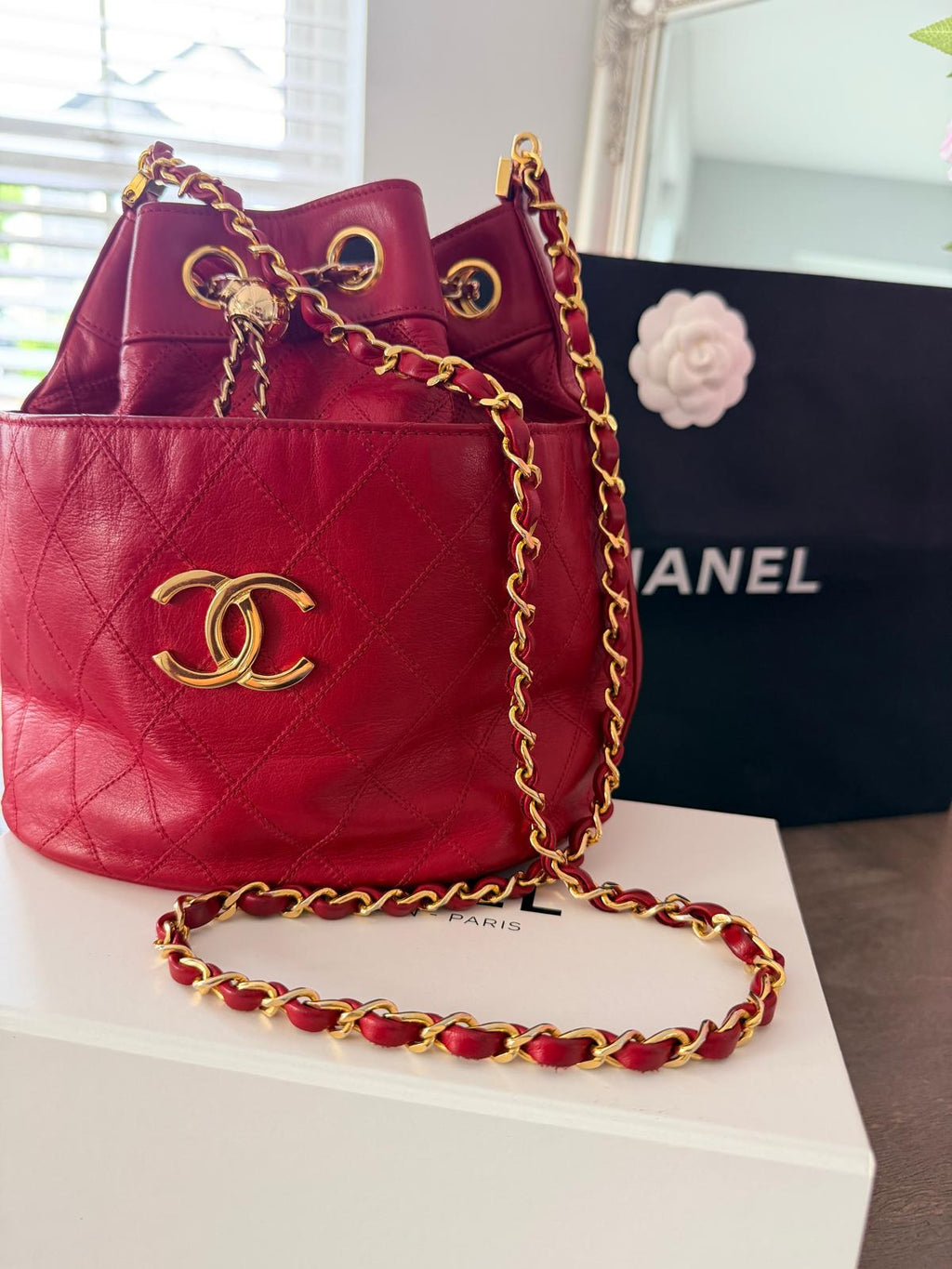 Chanel Vintage Bucket Bag Red Lambskin 24K Gold-Plated Hardware (1986–1988)
