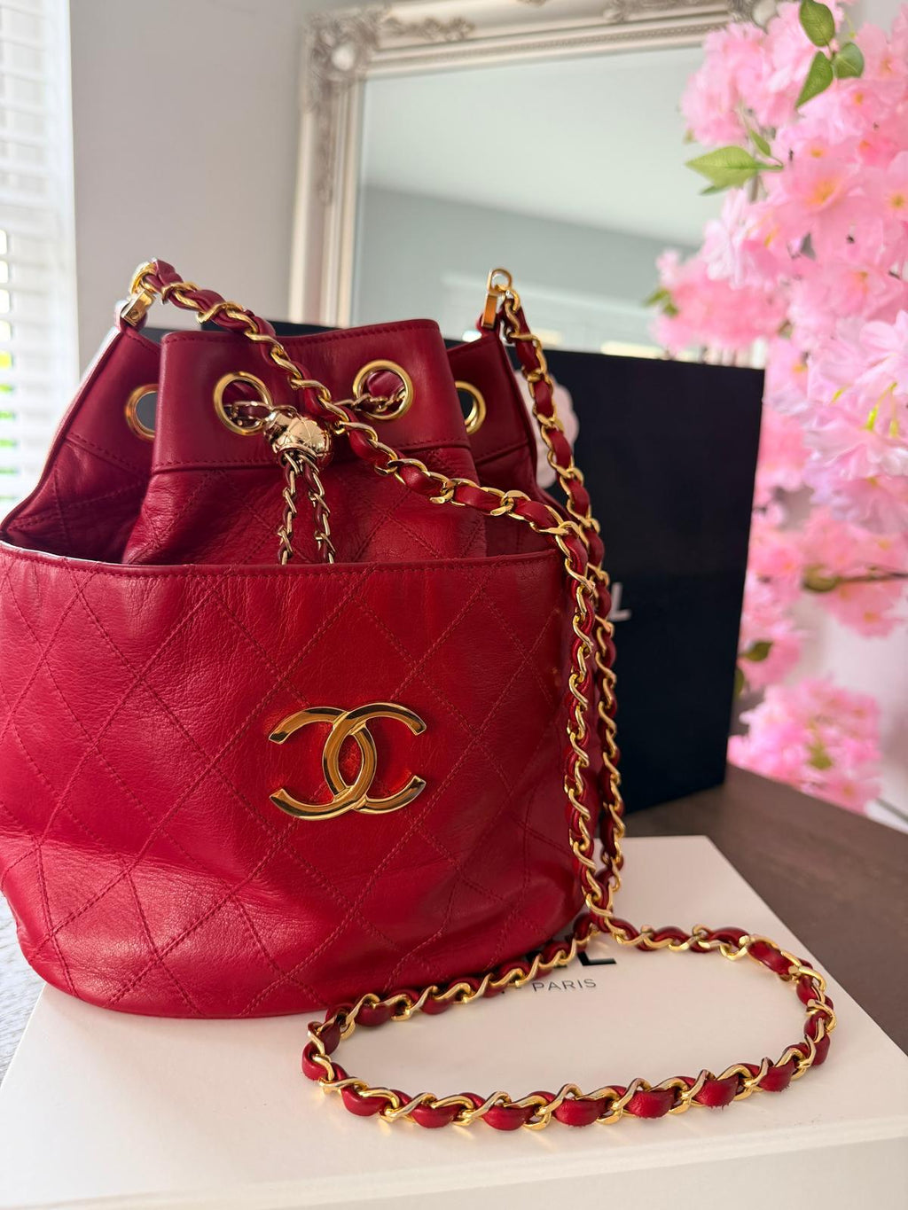 Chanel Vintage Bucket Bag Red Lambskin 24K Gold-Plated Hardware (1986–1988)