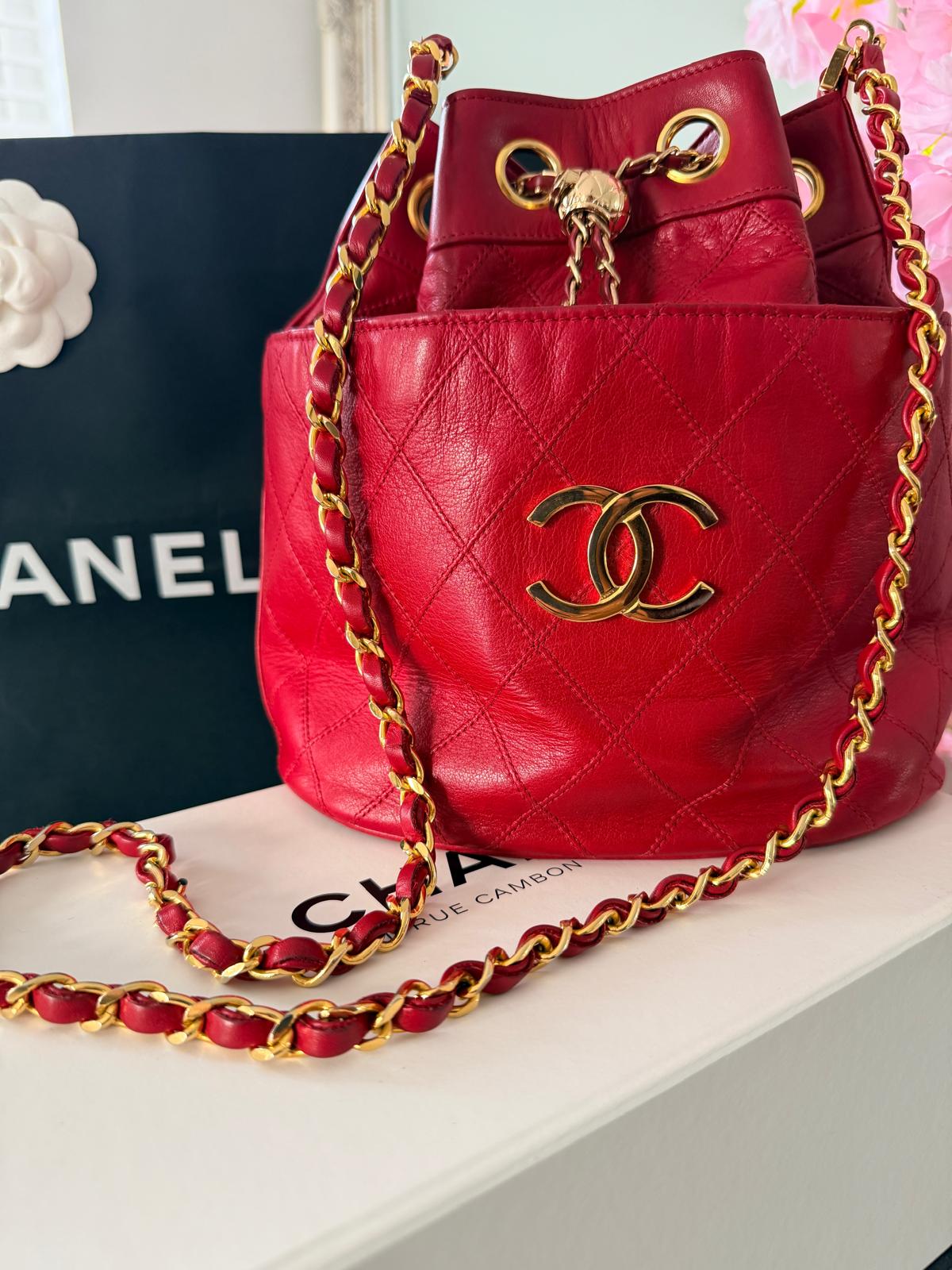 Chanel Vintage Bucket Bag Red Lambskin 24K Gold-Plated Hardware (1986–1988)