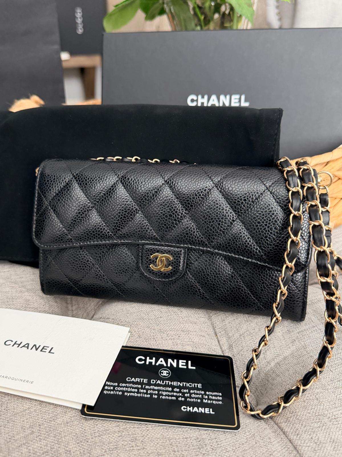 Chanel Matelasse Long Wallet Black Black Caviar Leather Gold Hardware