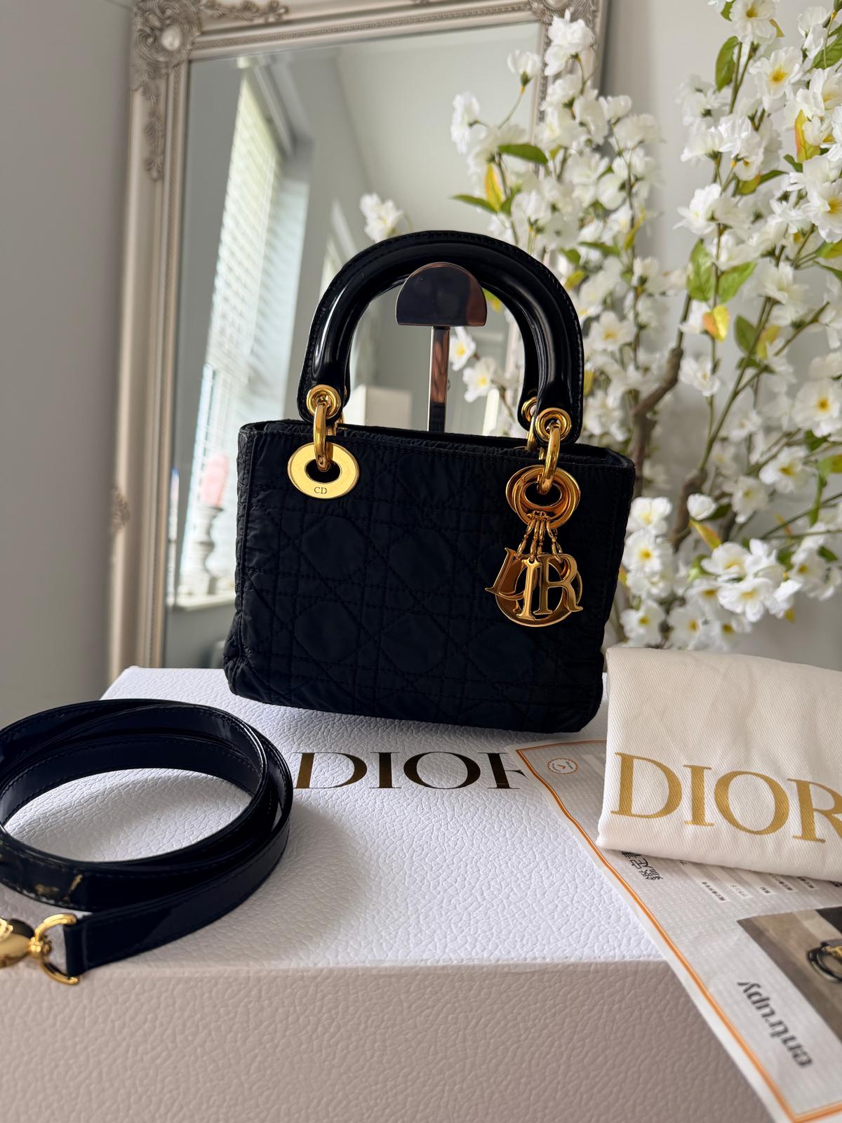 Christian Dior Lady Dior Mini Handbag Black Nylon Gold Hardware