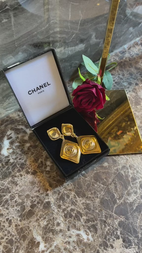 Chanel Vintage XL CC Rhombus Gold Drop Earrings