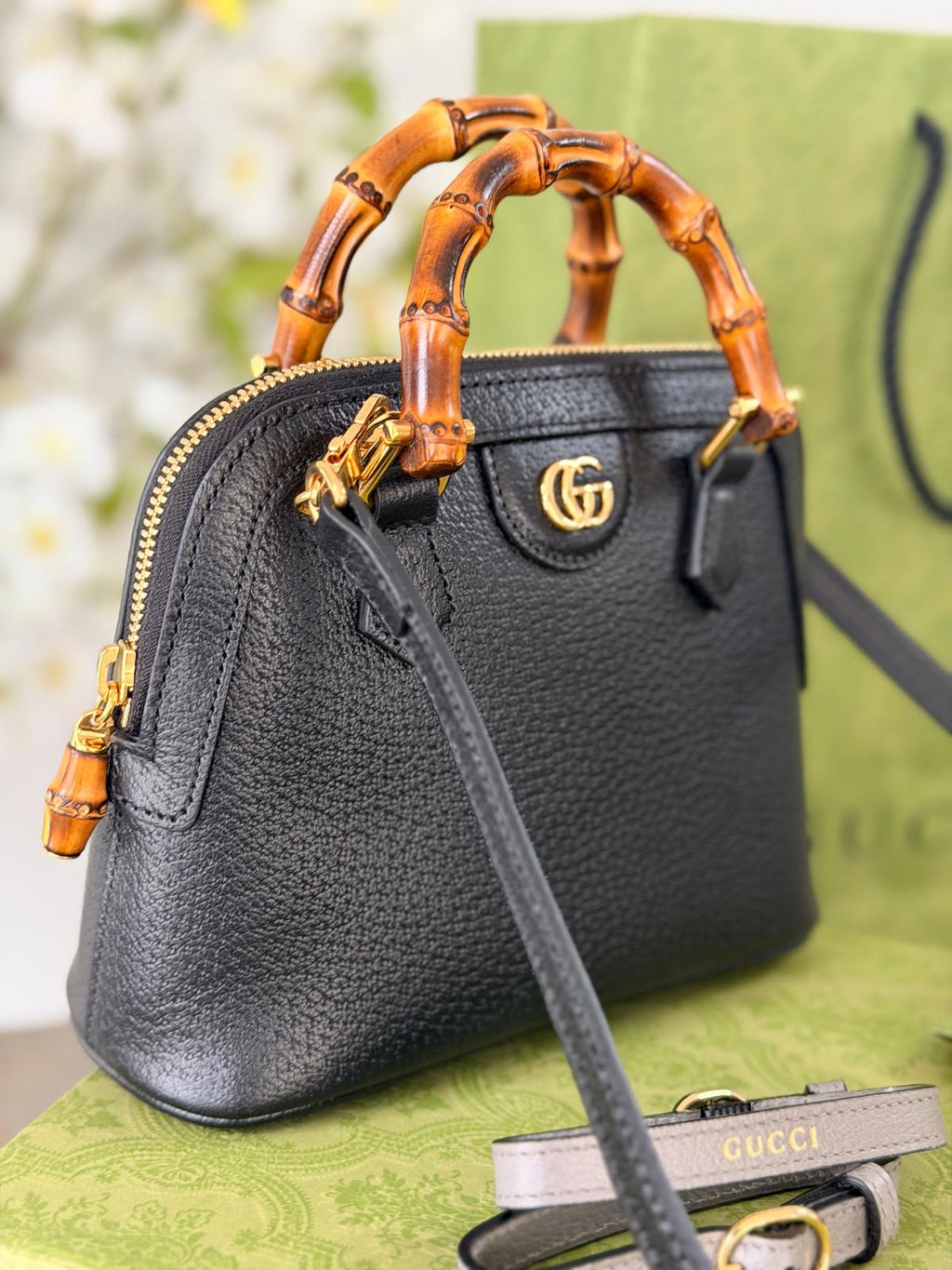Gucci Diana Mini Bamboo Handbag Black Leather Gold Hardware
