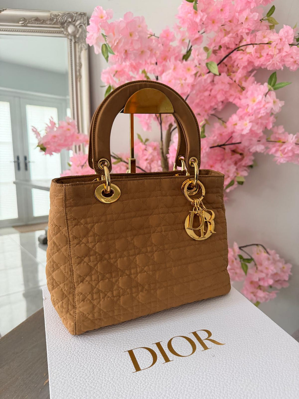 Christian Dior Lady Dior Medium Camel Colour Canvas Handbag Gold Hardware