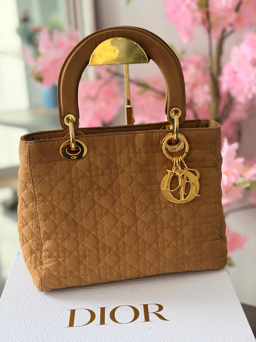 Christian Dior Lady Dior Medium Camel Colour Canvas Handbag Gold Hardware