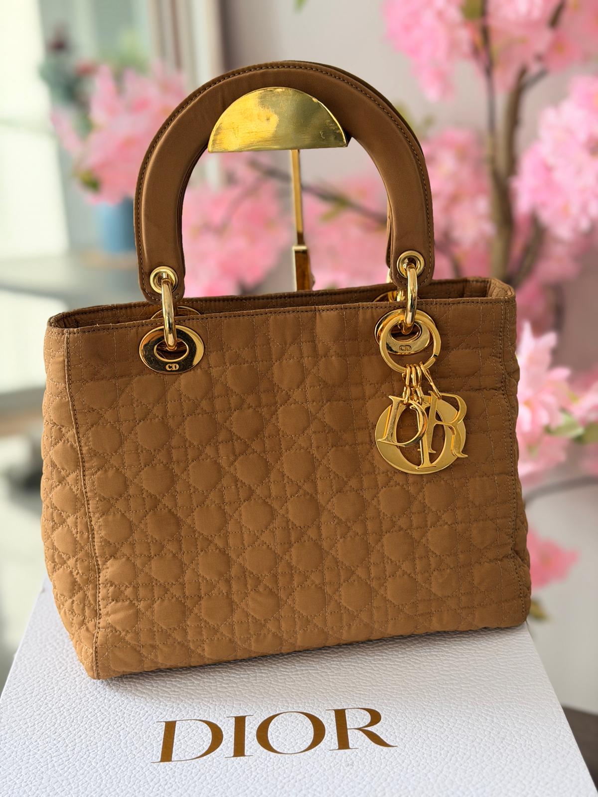 Christian Dior Lady Dior Medium Camel Colour Canvas Handbag Gold Hardware