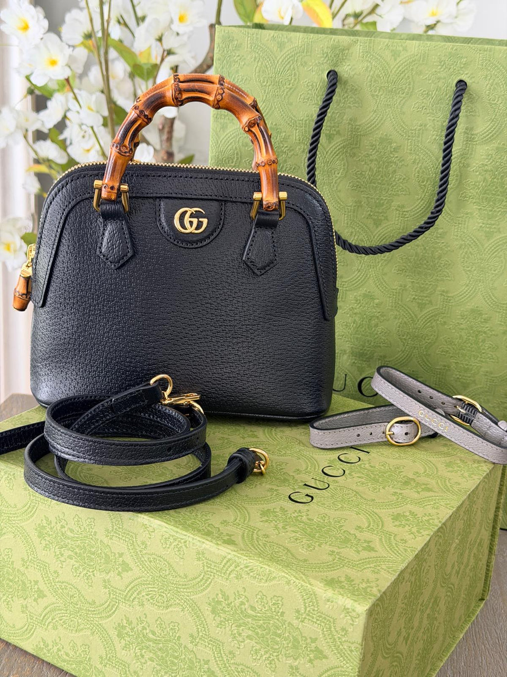 Gucci Diana Mini Bamboo Handbag Black Leather Gold Hardware