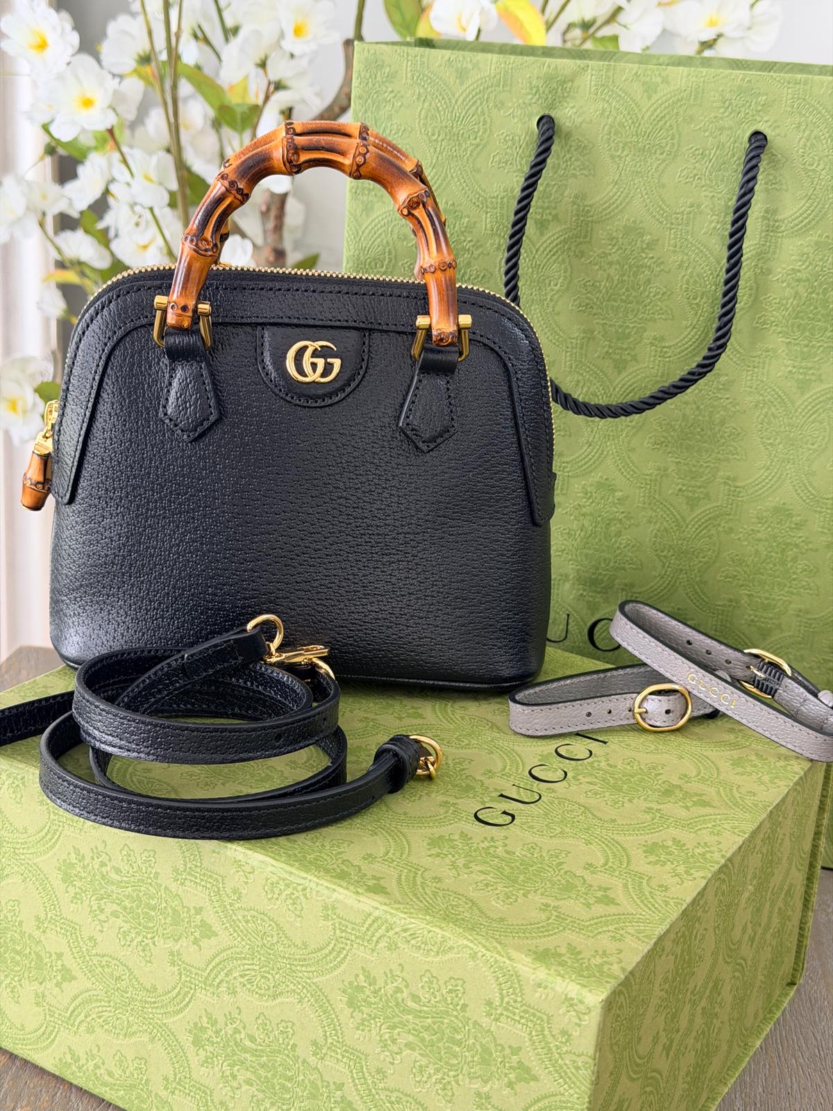 Gucci Diana Mini Bamboo Handbag Black Leather Gold Hardware