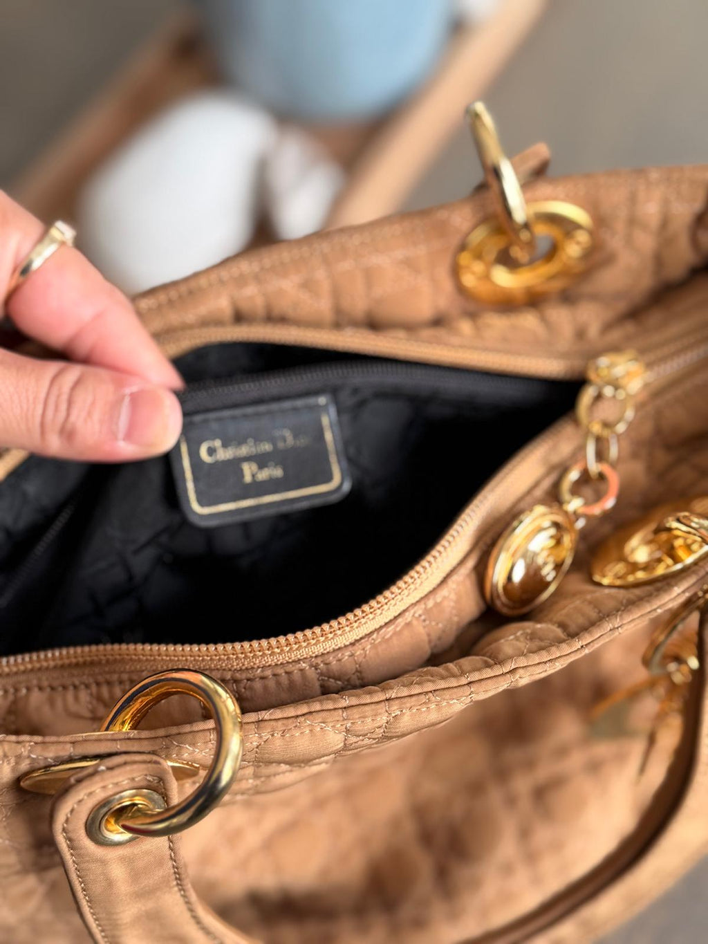 Christian Dior Lady Dior Medium Camel Colour Canvas Handbag Gold Hardware
