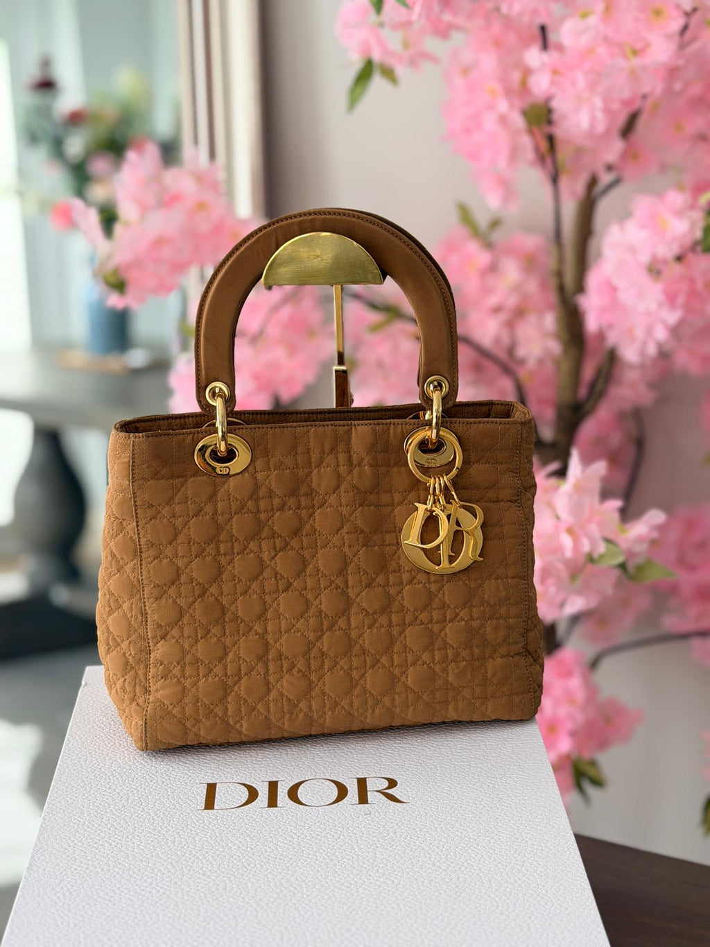 Christian Dior Lady Dior Medium Camel Colour Canvas Handbag Gold Hardware