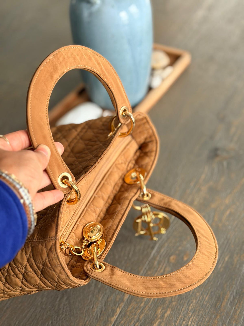 Christian Dior Lady Dior Medium Camel Colour Canvas Handbag Gold Hardware