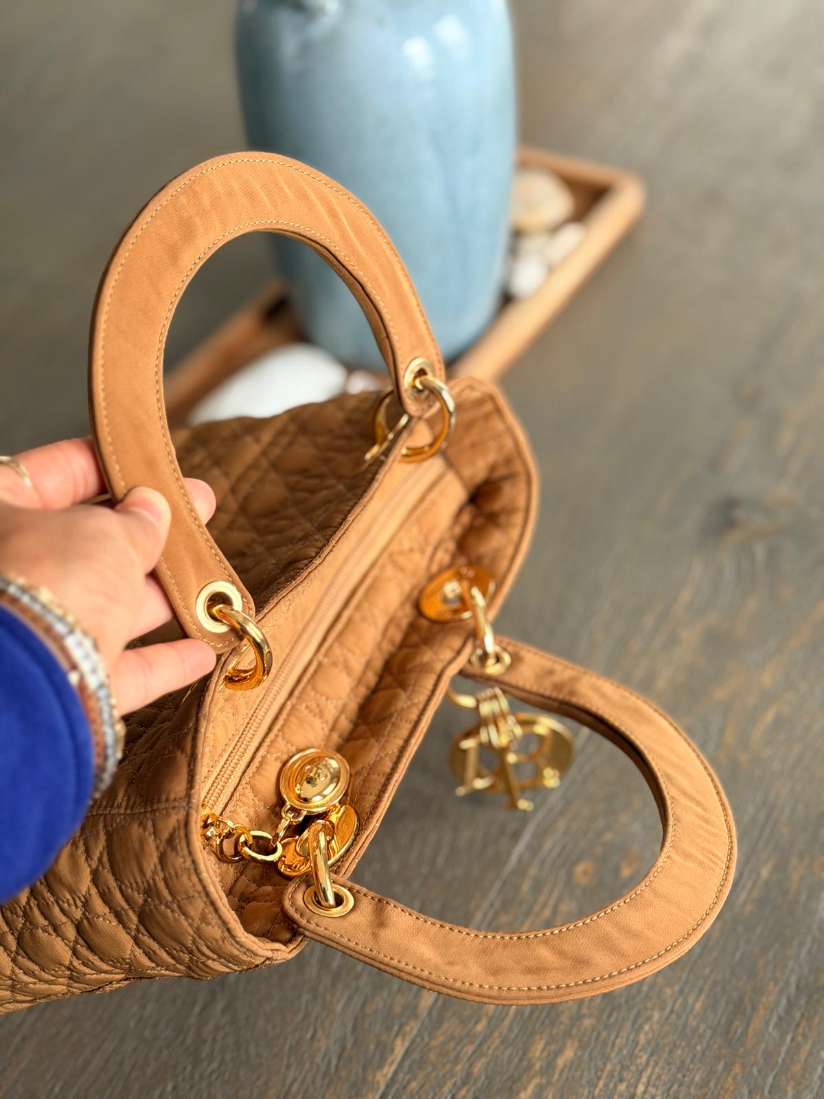 Christian Dior Lady Dior Medium Camel Colour Canvas Handbag Gold Hardware
