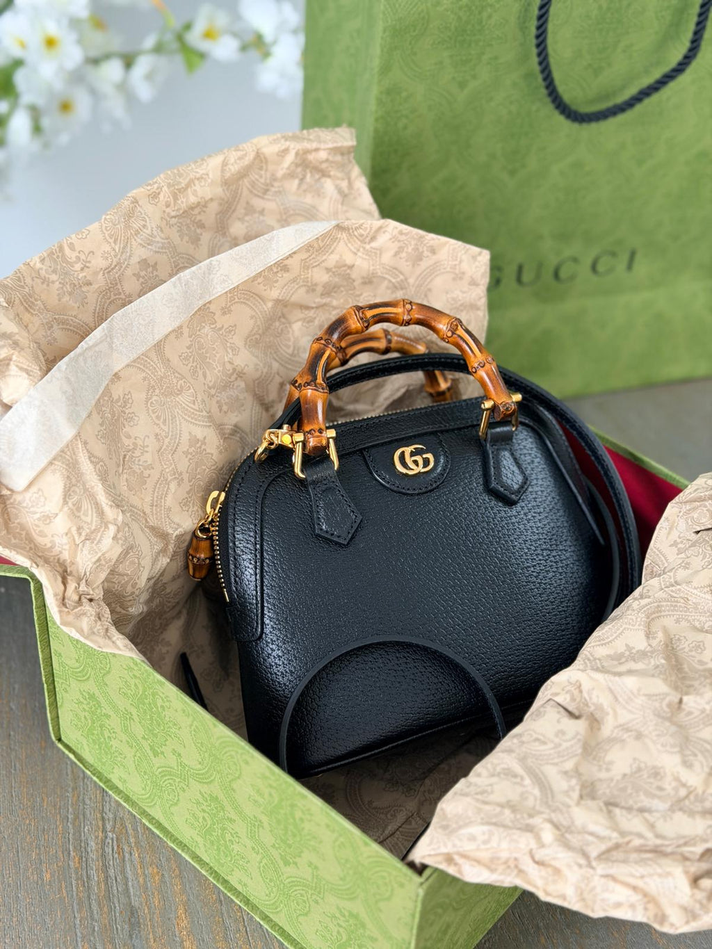 Gucci Diana Mini Bamboo Handbag Black Leather Gold Hardware