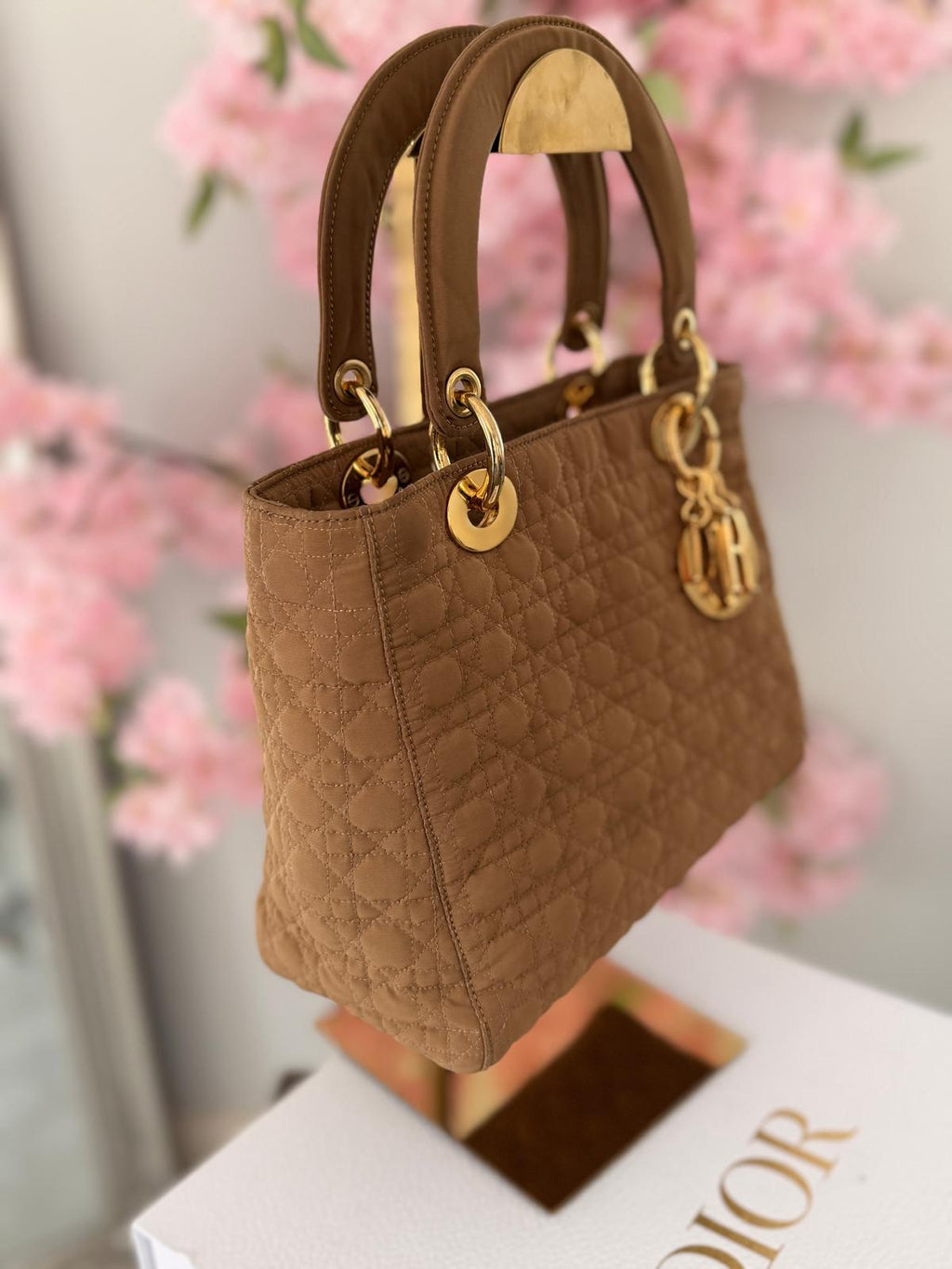 Christian Dior Lady Dior Medium Camel Colour Canvas Handbag Gold Hardware