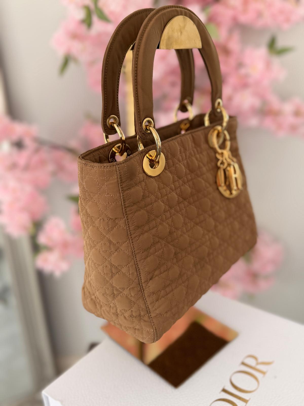 Christian Dior Lady Dior Medium Camel Colour Canvas Handbag Gold Hardware