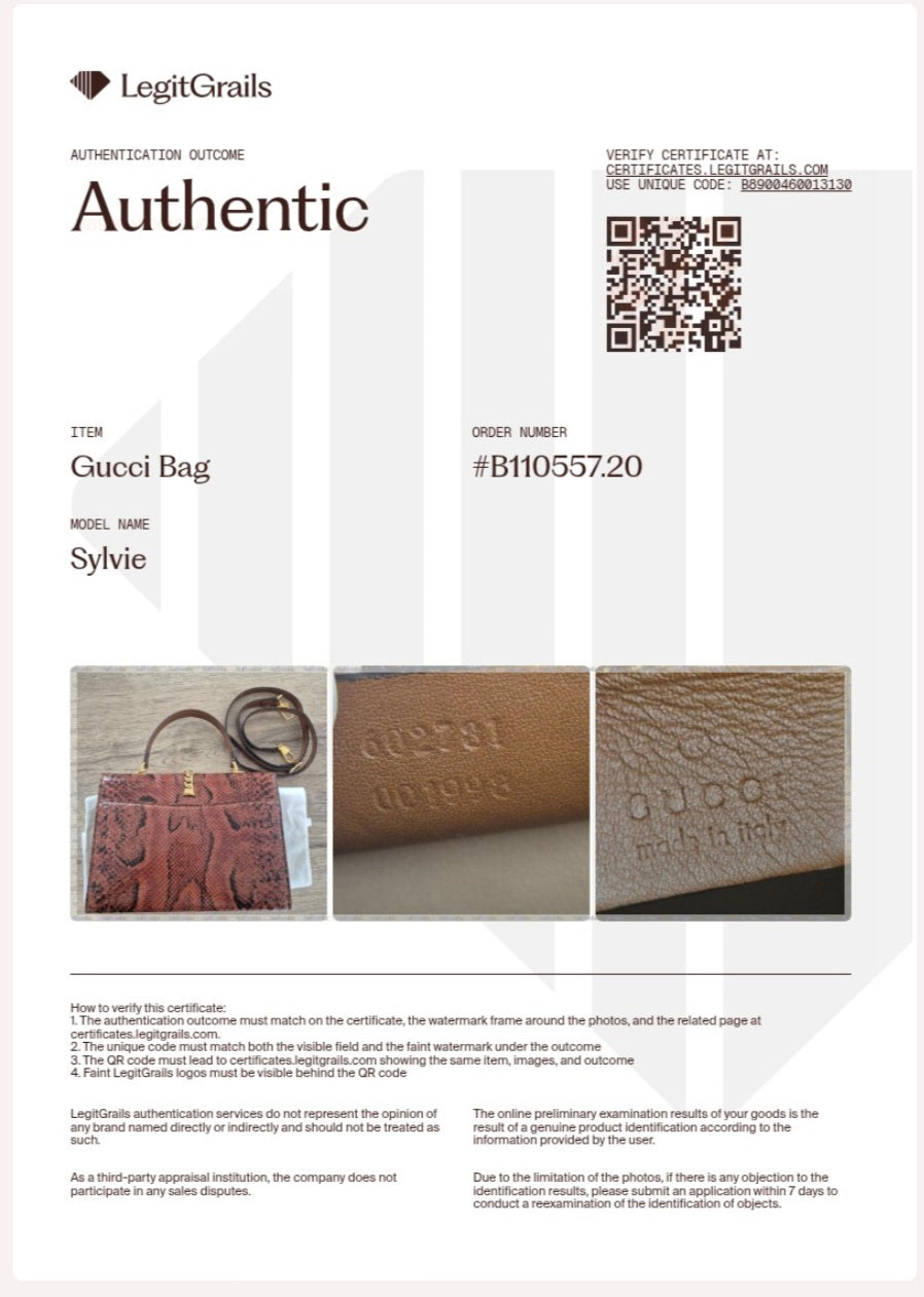 Gucci 1969 Sylvie Small Top Handle Bag with Shoulder Strap Brown Python Leather