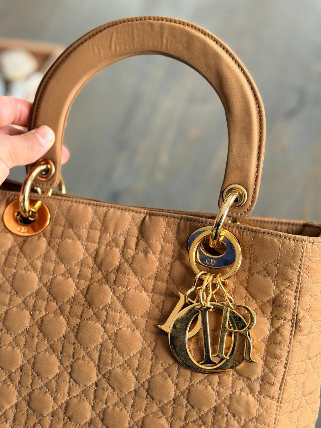 Christian Dior Lady Dior Medium Camel Colour Canvas Handbag Gold Hardware