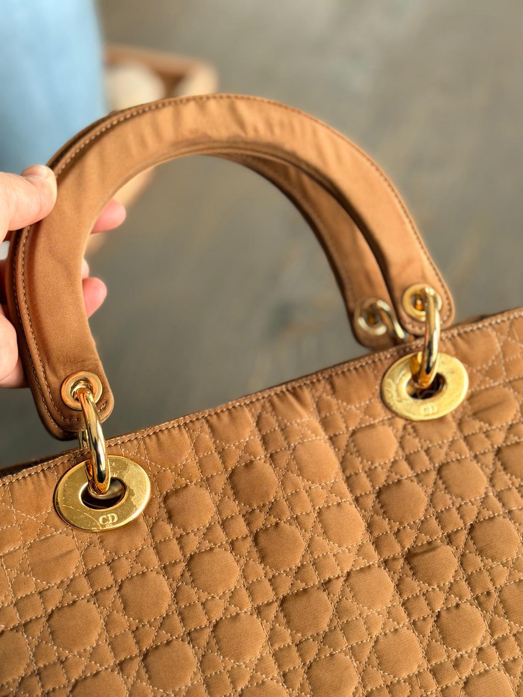 Christian Dior Lady Dior Medium Camel Colour Canvas Handbag Gold Hardware