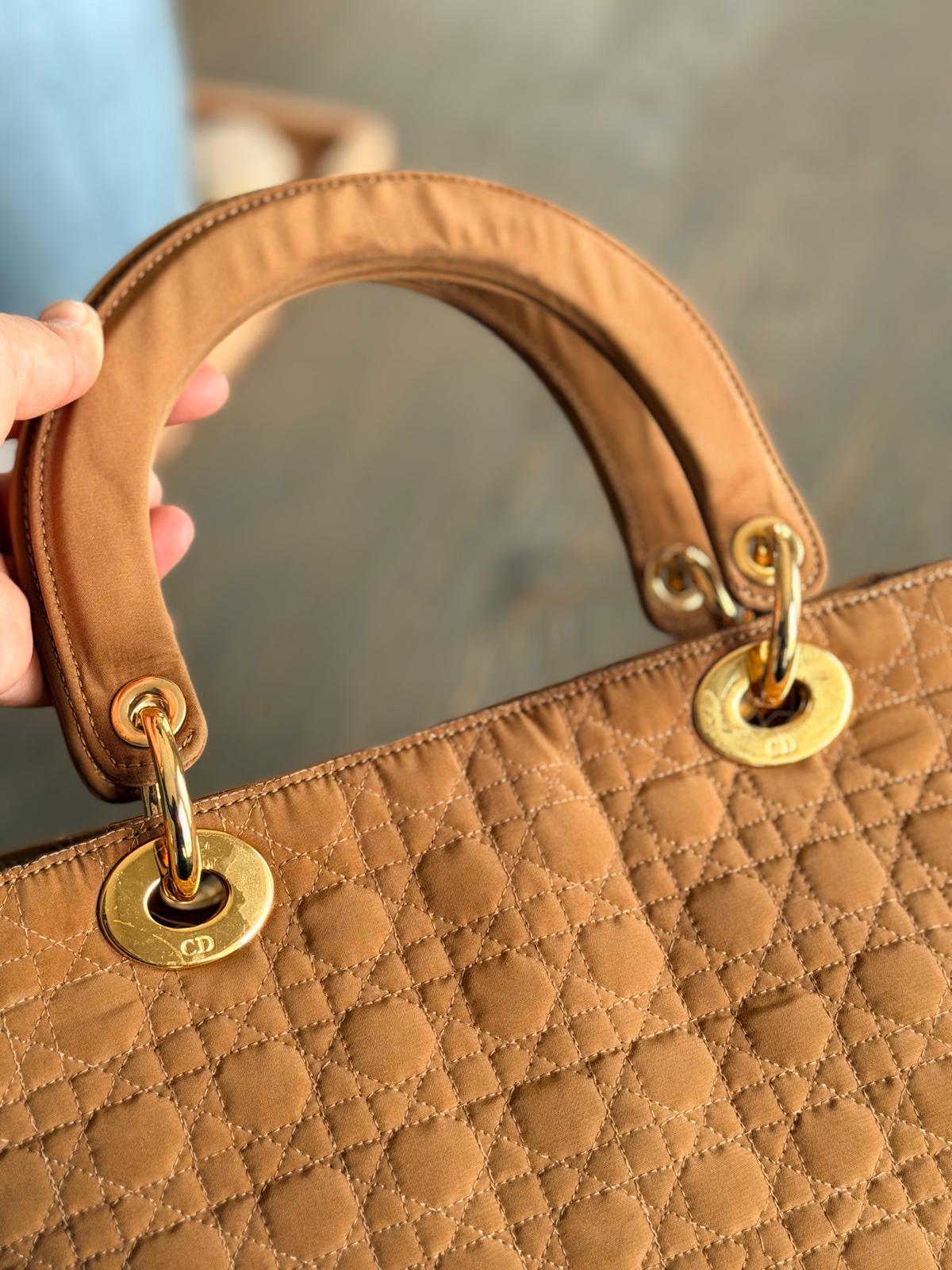 Christian Dior Lady Dior Medium Camel Colour Canvas Handbag Gold Hardware
