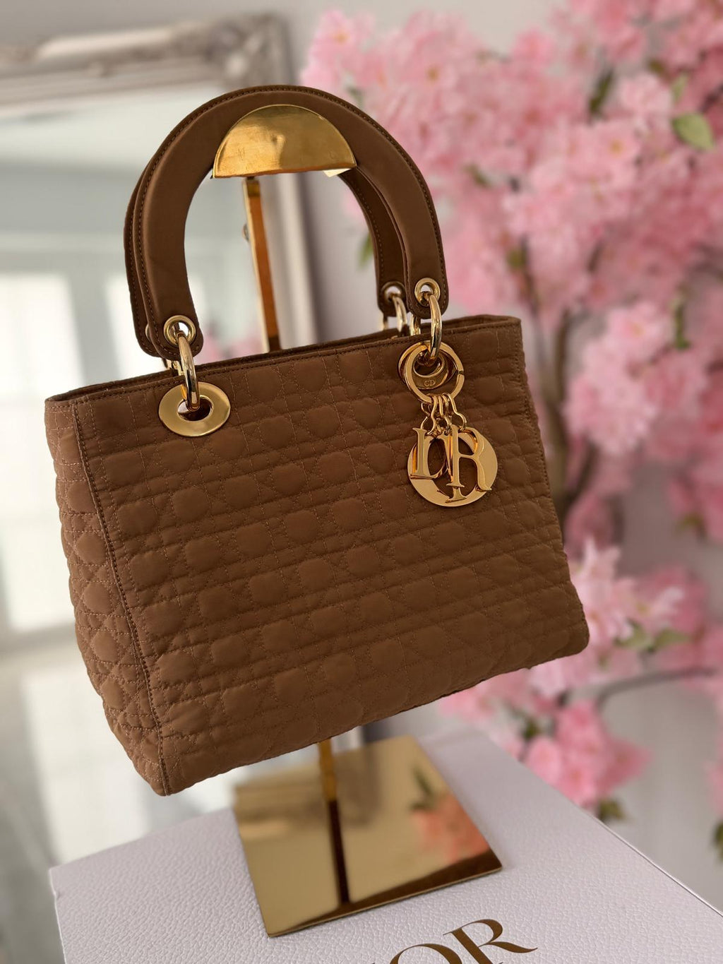 Christian Dior Lady Dior Medium Camel Colour Canvas Handbag Gold Hardware