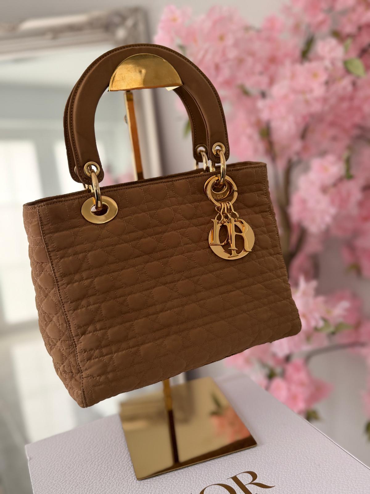 Christian Dior Lady Dior Medium Camel Colour Canvas Handbag Gold Hardware