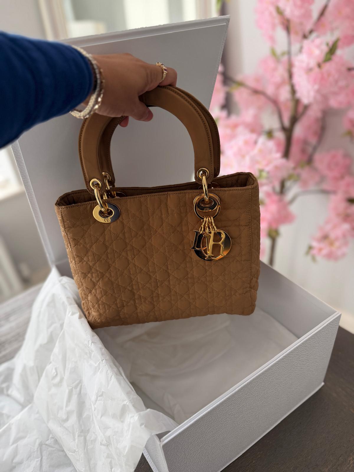 Christian Dior Lady Dior Medium Camel Colour Canvas Handbag Gold Hardware