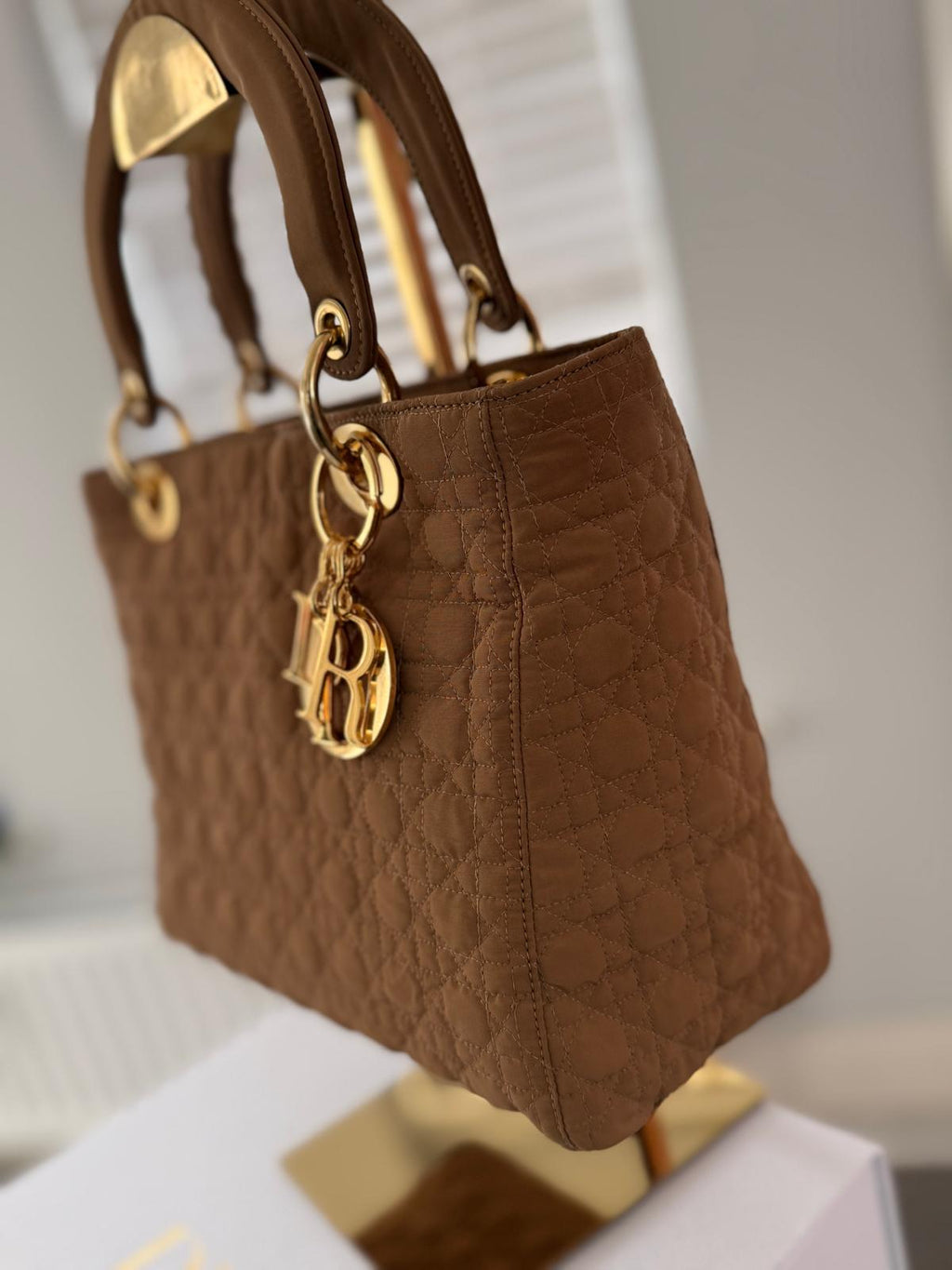 Christian Dior Lady Dior Medium Camel Colour Canvas Handbag Gold Hardware
