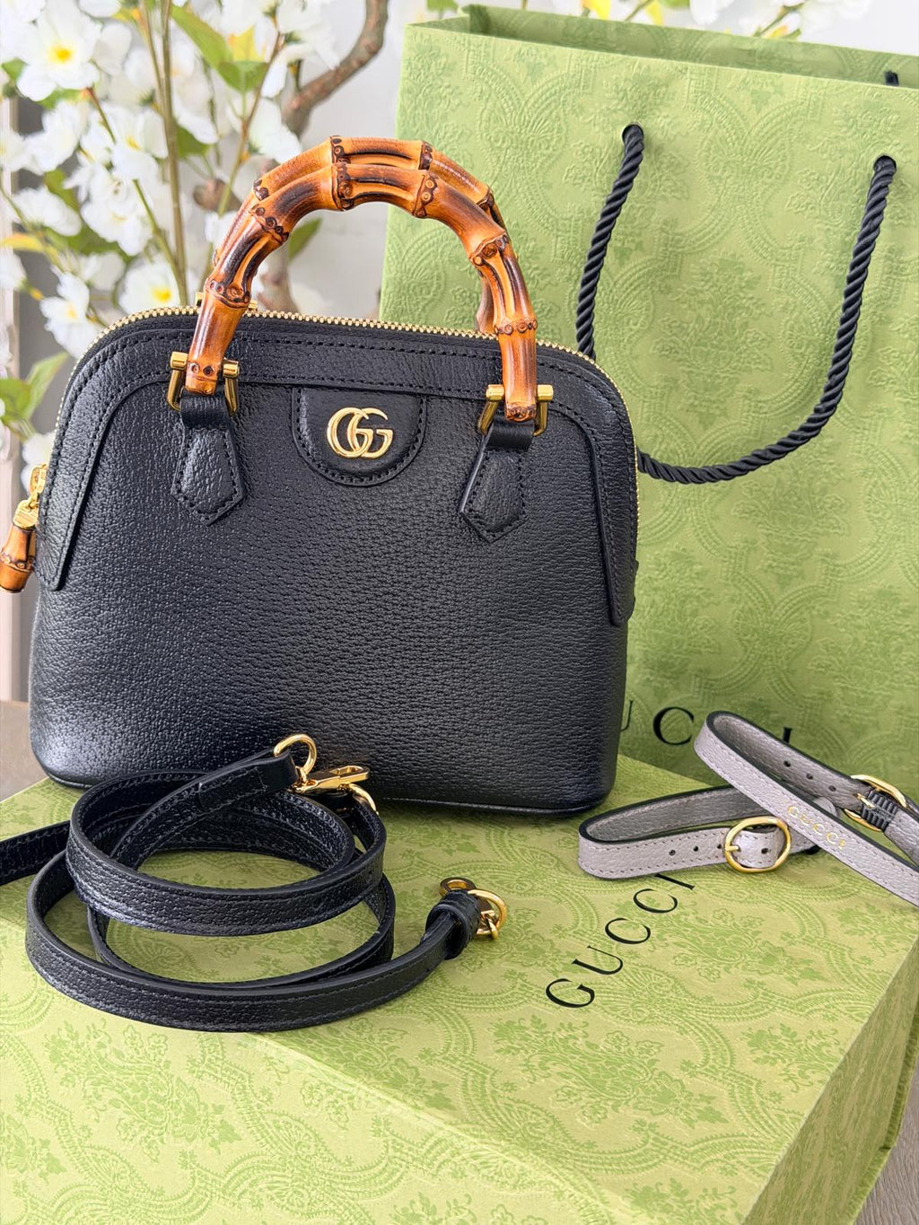 Gucci Diana Mini Bamboo Handbag Black Leather Gold Hardware