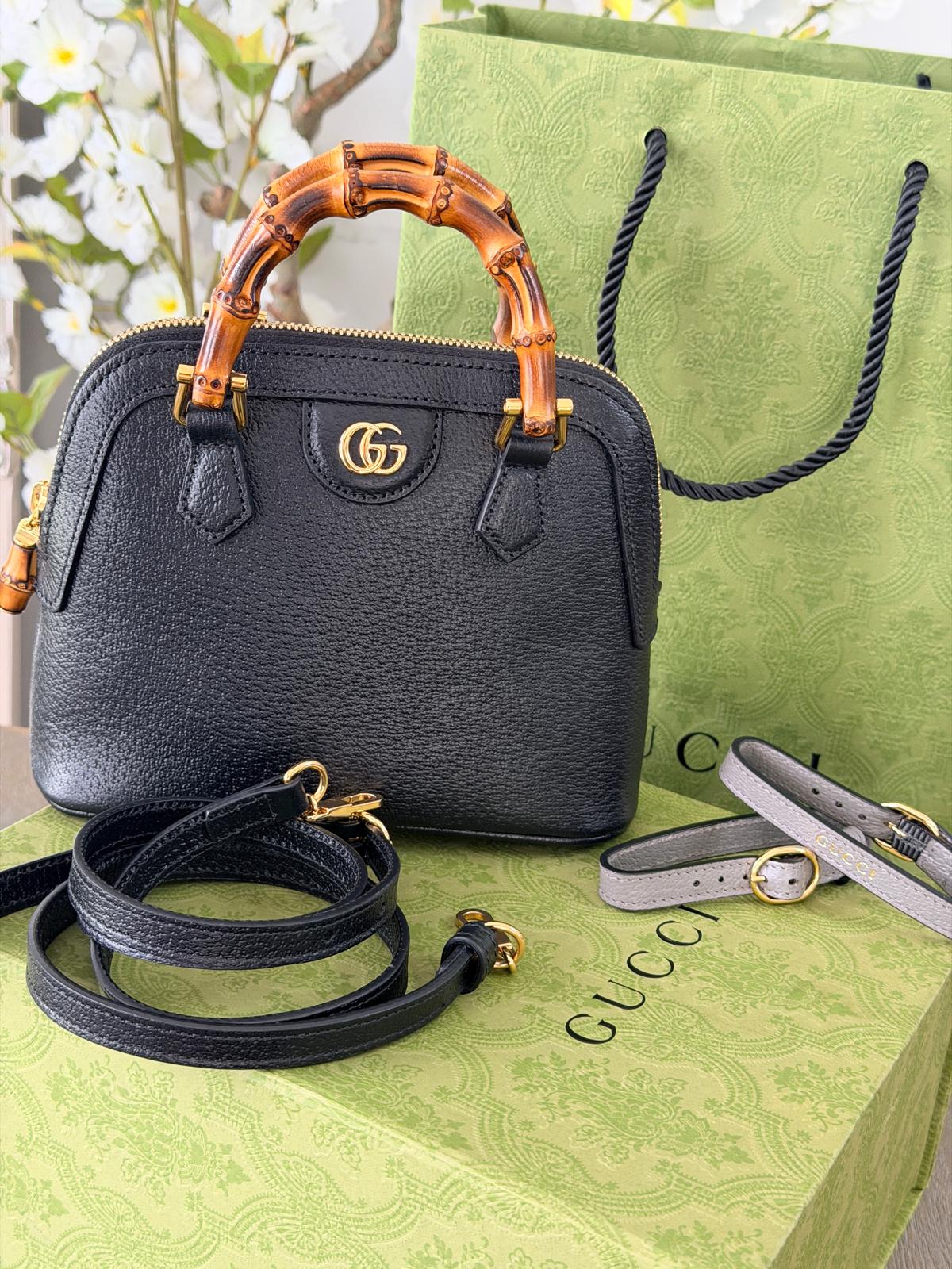 Gucci Diana Mini Bamboo Handbag Black Leather Gold Hardware