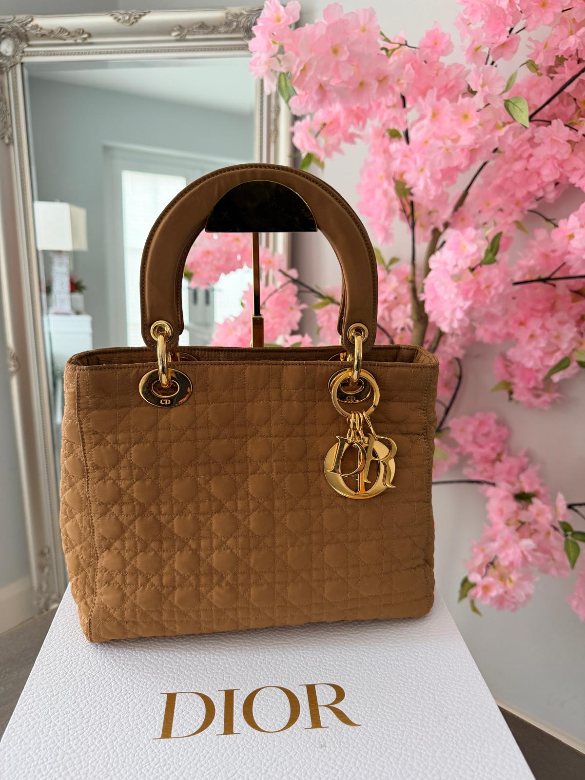 Christian Dior Lady Dior Medium Camel Colour Canvas Handbag Gold Hardware
