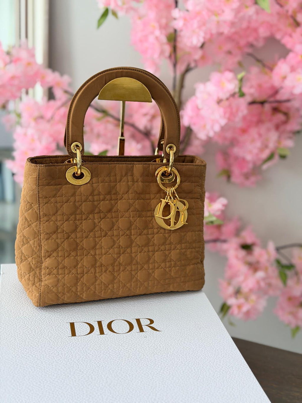 Christian Dior Lady Dior Medium Camel Colour Canvas Handbag Gold Hardware