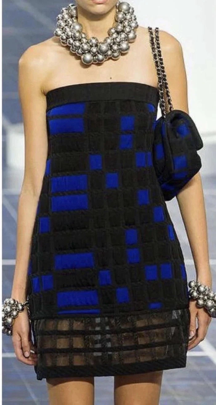 Chanel Checked Bandeau Mini Dress Black & Blue Runway Summer 2013
